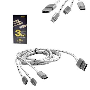 Cabo USB 3 Em 1 V8 Lightning para Iphone USB Type-C Trançado 1.20 Metros Cinza Shinka 3 em 1 SHINKA