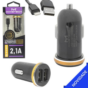 Carregador Automotivo Com 2 Portas USB 2.1A Com Cabo De iPhone Preto e Dourado DL-C22 DL-C22 IPHONE MAKETECH