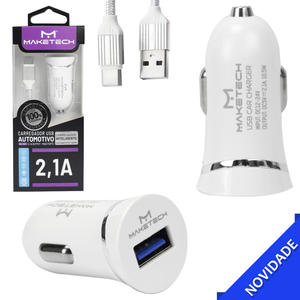 Carregador Automotivo USB 2.1A Com Cabo Type-C Turbo Branco MAKETECH DL-C12 DL-C12 TYPE-C MAKETECH