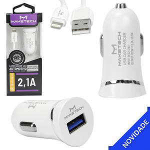 Carregador Automotivo 1 Porta USB 2.1A Turbo Com Cabo Para iPhone Branco MAKETECH DL-C12 DL-C12 IPHONE MAKETECH