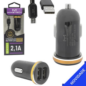 Carregador Automotivo Com 2 Portas USB 2.1A Com Cabo V8 Preto e Dourado MAKETECH DL-C22 DL-C22 V8 MAKETECH