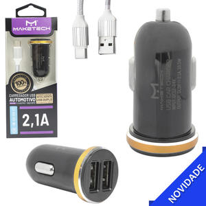 Carregador Automotivo Com 2 Portas USB 2.1A Com Cabo Type-c Preto MAKETECH DL-C22 TYPE-C MAKETECH