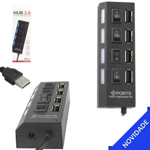 Hub Usb 2.0 4 Portas Liga E Desliga Alta Velocidade Preto MB84329 MBTECH MB84329 MB TECH