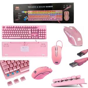 Kit Teclado Mecânico E Mouse Gamer Rosa Usb Led Chroma DPI 3200 KP-TE111 KNUP
