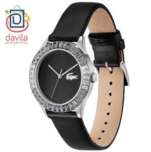 RELOGIO LACOSTE FEMININO COURO PRETO FUNDO PRETO COM PEDRAS LACOSTE BELLA FAMME