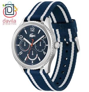 RELOGIO MASCULINO LACOSTE FUNDO AZUL MARINHO PULSEIRA NYLON AZUL E BRANCO LACOSTE 1159 VIVARA JOIAS