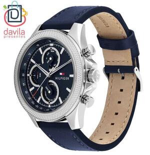 RELOGIO MASCULINO TOMMY HILFIGER FUNDO AZUL COM CAIXA PRATA + PULSEIRA DE COURO AZUL 4913 VIVARA JOIAS