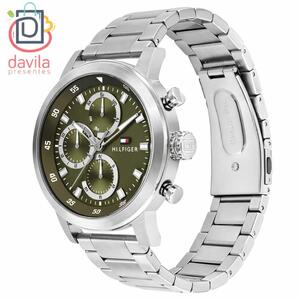 RELOGIO MASCULINO TOMMY HILFIGER AÇO PRATEADO FUNDO VERDE MILITAR + PULSEIRA DE AÇO 4998 VIVARA JOIAS