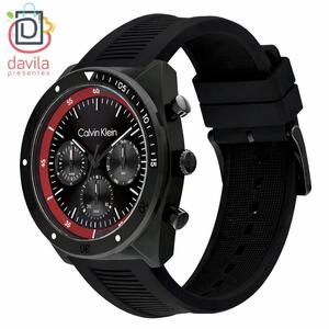 RELOGIO MASCULINO CALVIN KLEIN FUNDO PRETO COM DETALHES VINHO + PULSEIRA BORRACHA PRETA 0330 VIVARA JOIAS