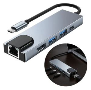 Adaptador USB-C Para RJ45 2 USB 3.0 Entrada HDMI E USB-C Fêmea 5 Em 1 KA-6050 KAPBOM